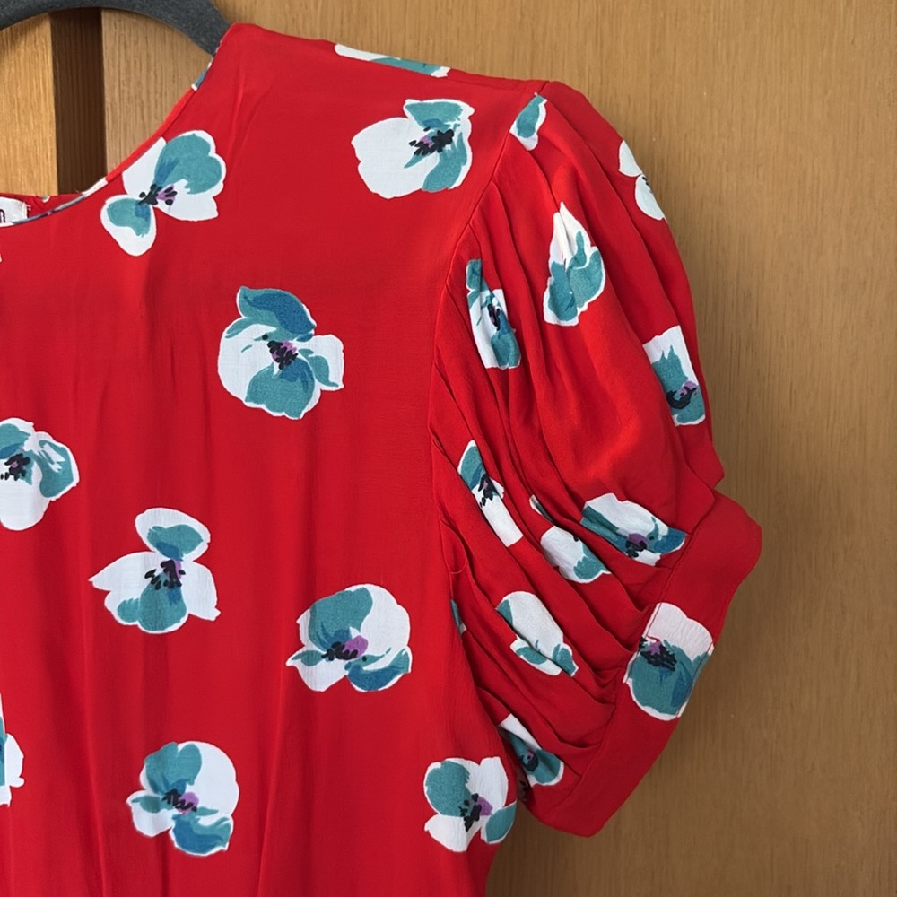 Vintage Red Floral Dress with Puff Sleeves